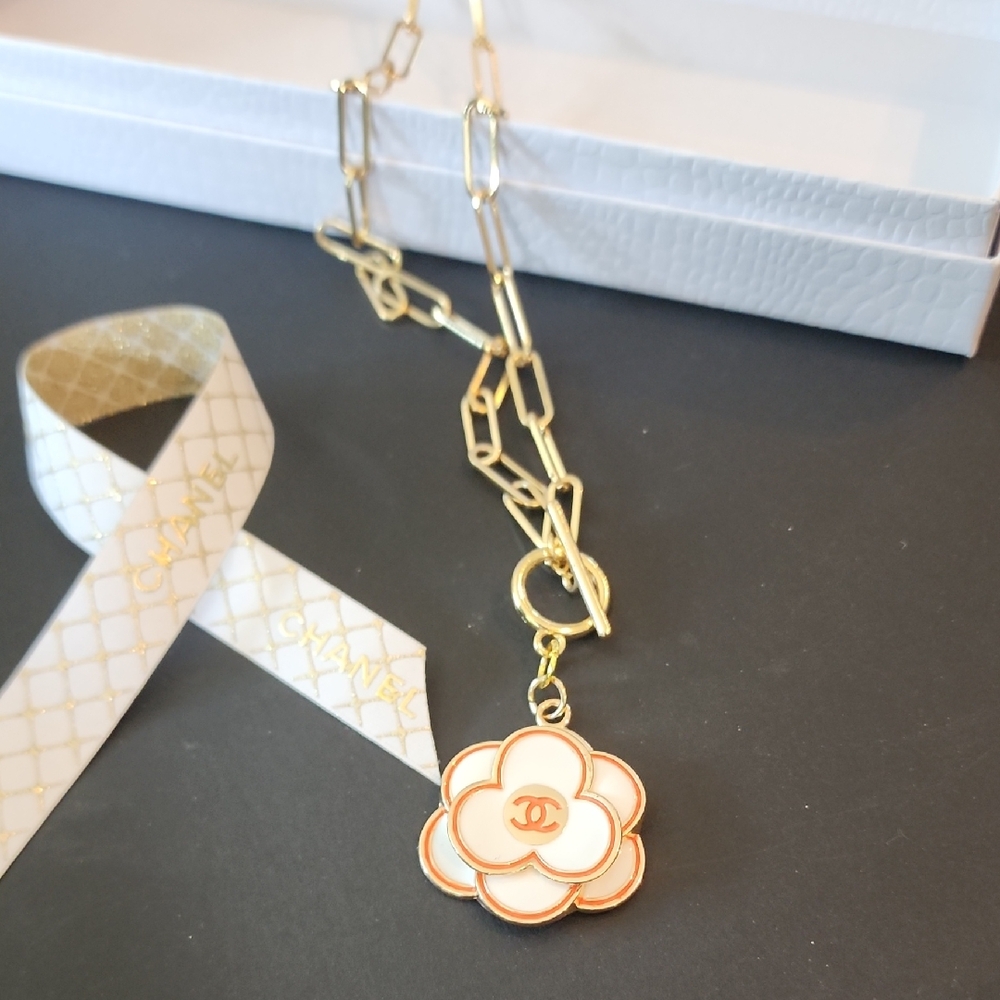 CHANEL Gold and White Camellia Pendant Necklace